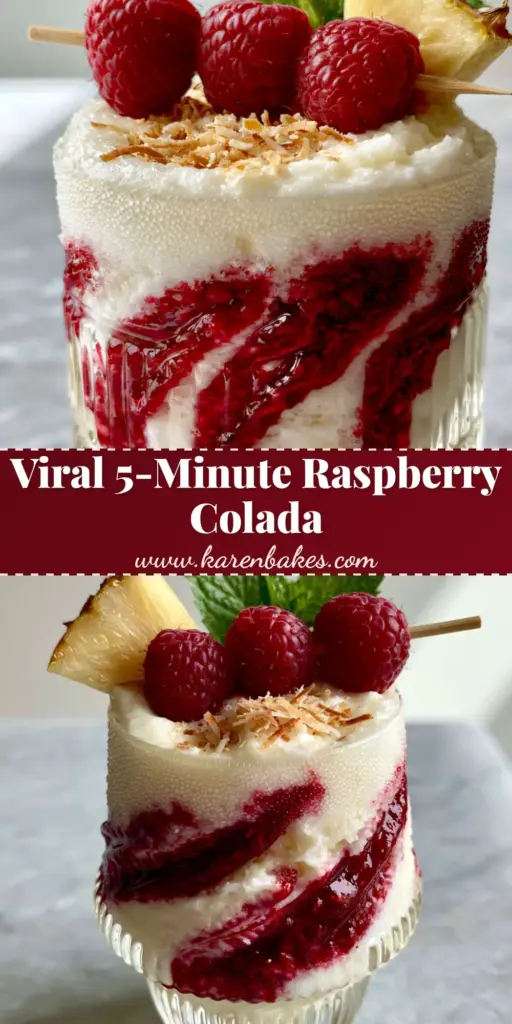 Raspberry Colada: The Ultimate Creamy Frozen Tropical Escape 4 A handheld smartphone photo of a Raspberry Colada in a ribbed glass with crimson swirls, fresh raspberries, and a mint garnish on a marble island.