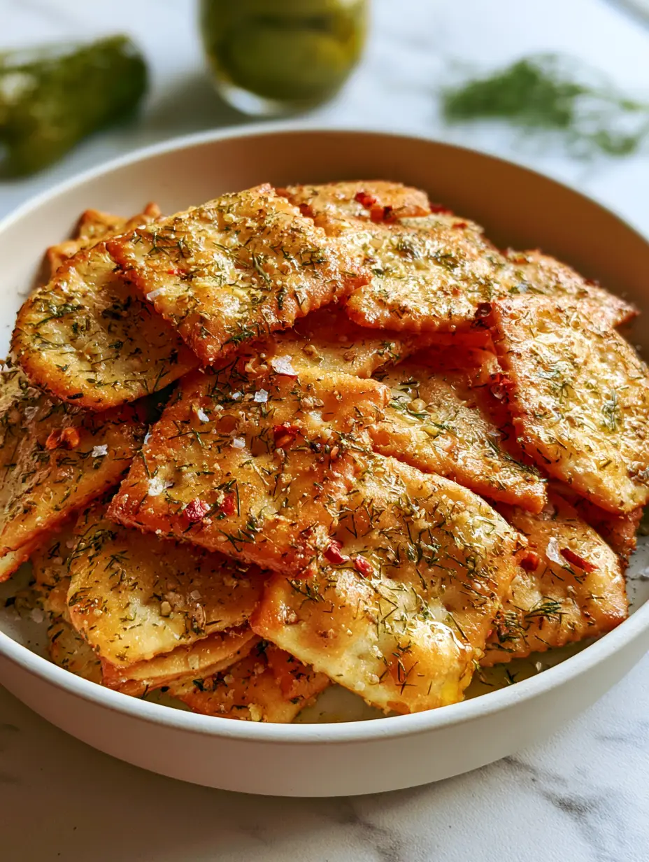 Top-down view of dill pickle saltines heavily encrusted with dried dill, garlic, and sea salt in a white bowl.