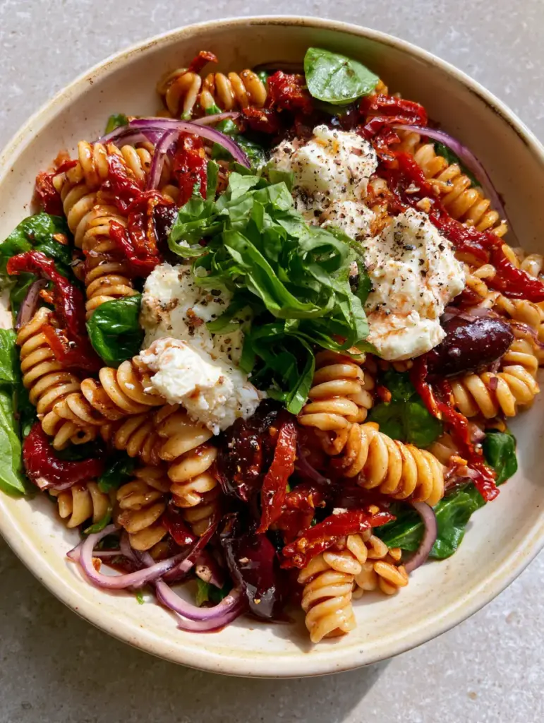 Tuscan Pasta Salad with Sun-Dried Tomatoes and Balsamic Vinaigrette 1 Tuscan pasta salad served in a rustic bowl with visible chunks of feta and sun-dried tomatoes.
