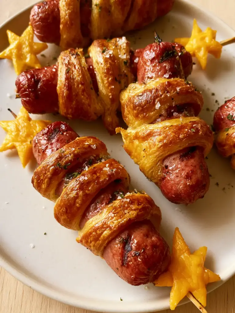 Firecracker Hot Dogs: The Ultimate Crispy Patriotic Appetizer 1 Slightly angled top-down view of Firecracker Hot Dogs on a minimalist platter with warm natural lighting. (Firecracker Hot Dogs)
