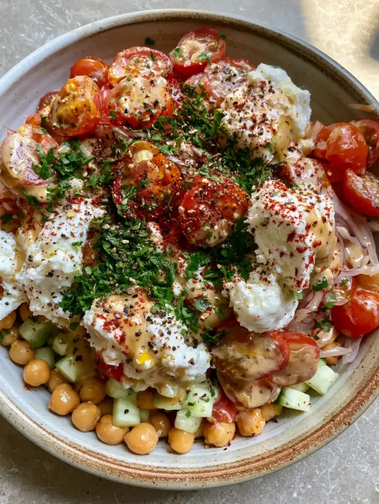 High-angle view of golden chickpeas, precision-diced cucumbers, and jewel-toned tomatoes in a ceramic bowl. (Non-Lettuce Salad Recipes)