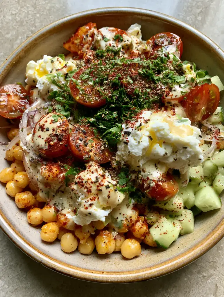 Close up of creamy feta crumbles and a heavy scatter of parsley over a Mediterranean salad. (Non-Lettuce Salad Recipes)