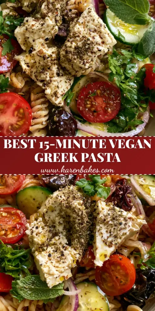A top-down macro shot of a vibrant Vegan Greek Pasta Salad in a rustic bowl featuring rotini pasta, cherry tomatoes, and large chunks of vegan feta cheese.