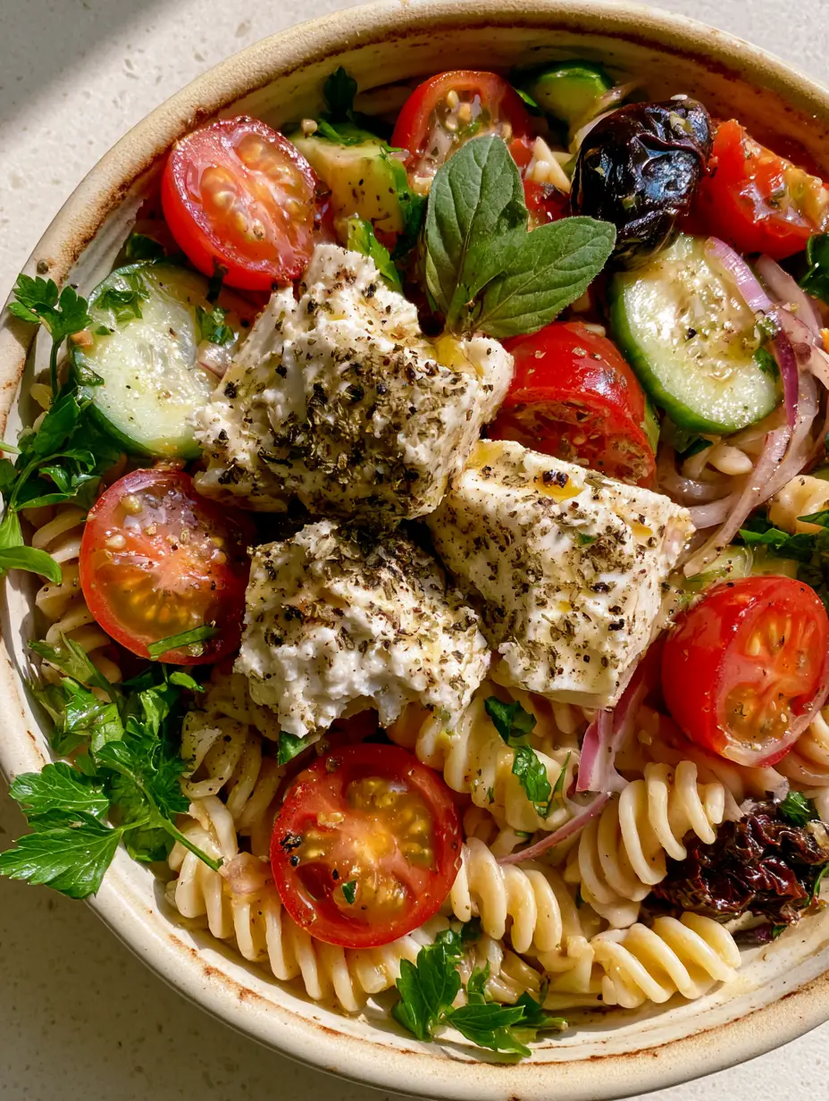 Close-up of Vegan Greek Pasta Salad with glossy lemon-herb vinaigrette catching on the ridges of gluten-free rotini pasta.