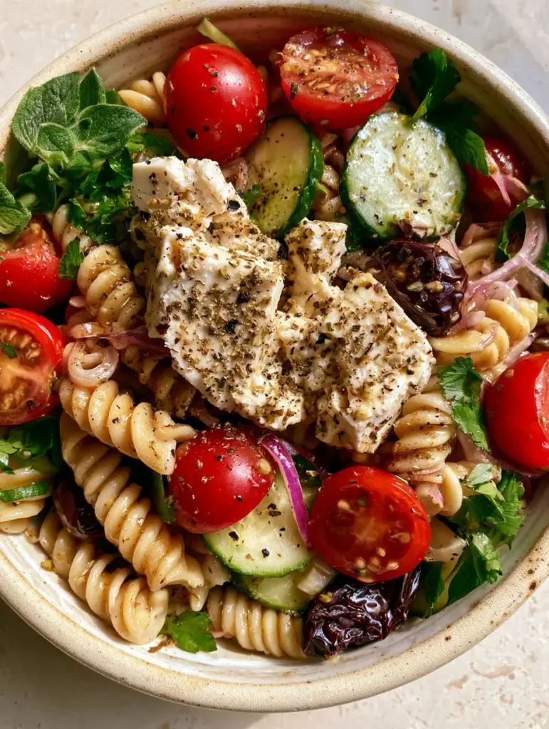 Overhead view of a Vegan Greek Pasta Salad in a cream ceramic bowl with large jagged chunks of vegan feta and fresh parsley garnish.