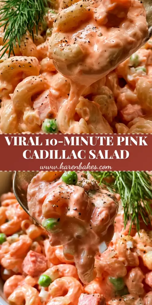 Pink Cadillac Pasta Salad: The Ultimate Retro Creamy Ham and Pea Delight 4 A large white ceramic bowl of Pink Cadillac Pasta Salad with a vintage silver spoon lifting a dripping portion of glossy pink noodles, ham cubes, and green peas.