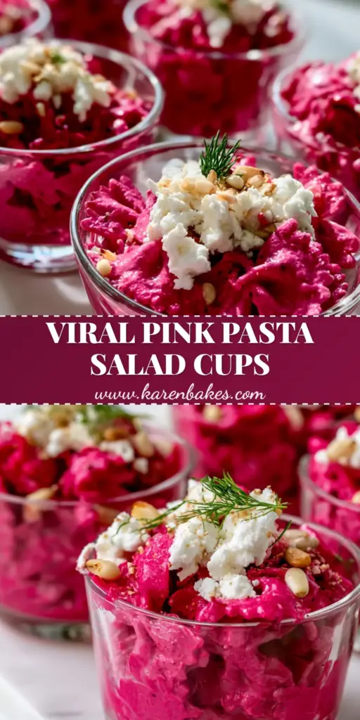Elegant mini glass appetizer cups filled with vibrant Pink Pasta Salad Cups topped with feta and dill on a marble surface.