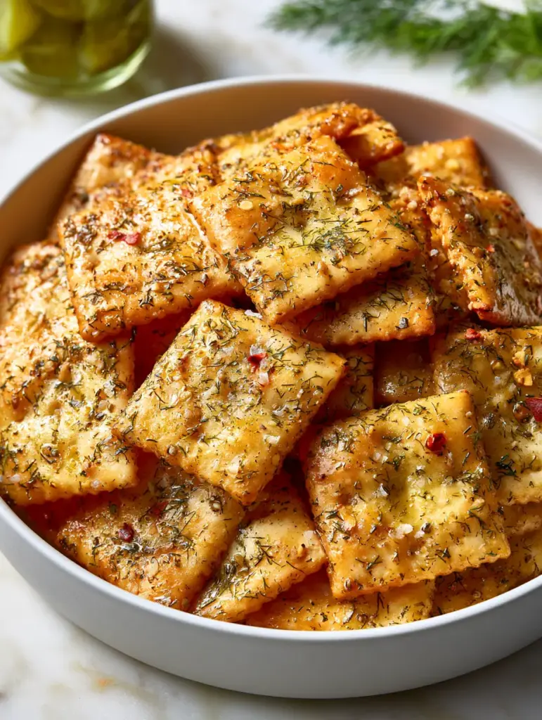Golden-brown seasoned crackers with red pepper flakes and a side of green pickles and fresh dill.