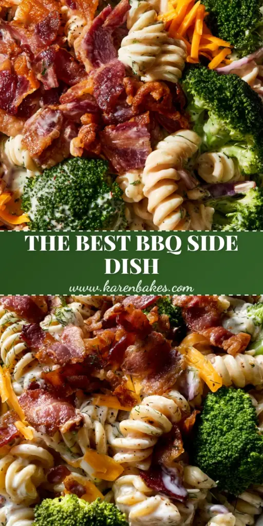 Bacon Broccoli Pasta Salad with Creamy Ranch and Crispy Thick-Cut Bacon 4 A vibrant bacon broccoli pasta salad in a white bowl, showing crispy bacon bits and creamy ranch-coated rotini. (bacon broccoli pasta salad)