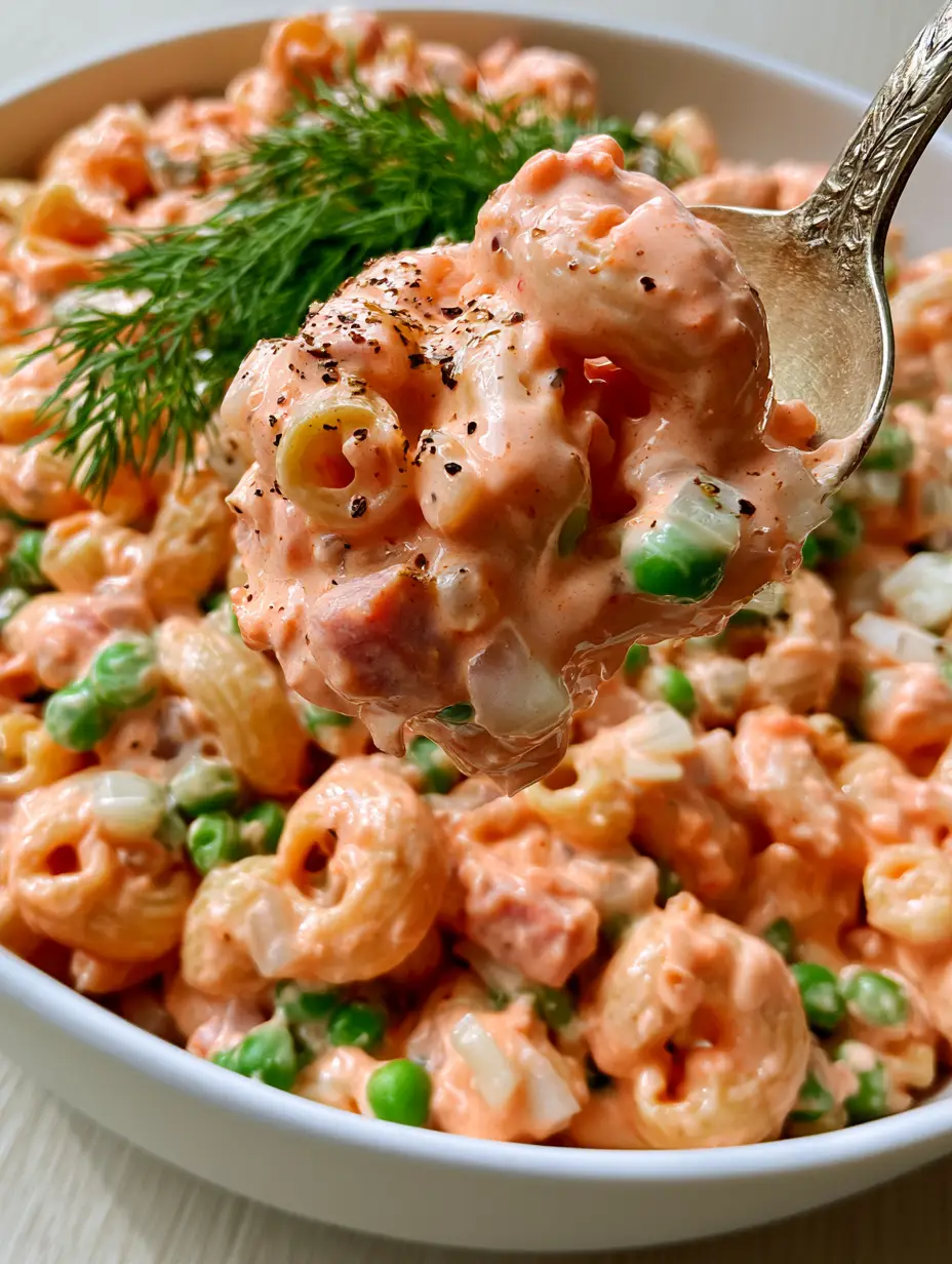 Pink Cadillac Pasta Salad: The Ultimate Retro Creamy Ham and Pea Delight 3 Extreme close-up of Pink Cadillac Pasta Salad showing the velvety texture of the pastel-pink sauce and bright neon-green peas.
