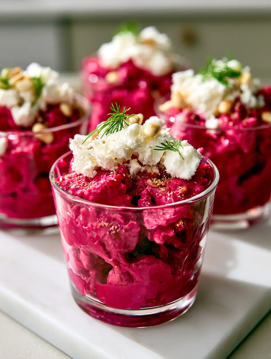 Close-up of hot pink farfalle pasta coated in beet-yogurt sauce inside a mini glass cup. (Pink Pasta Salad Cups)