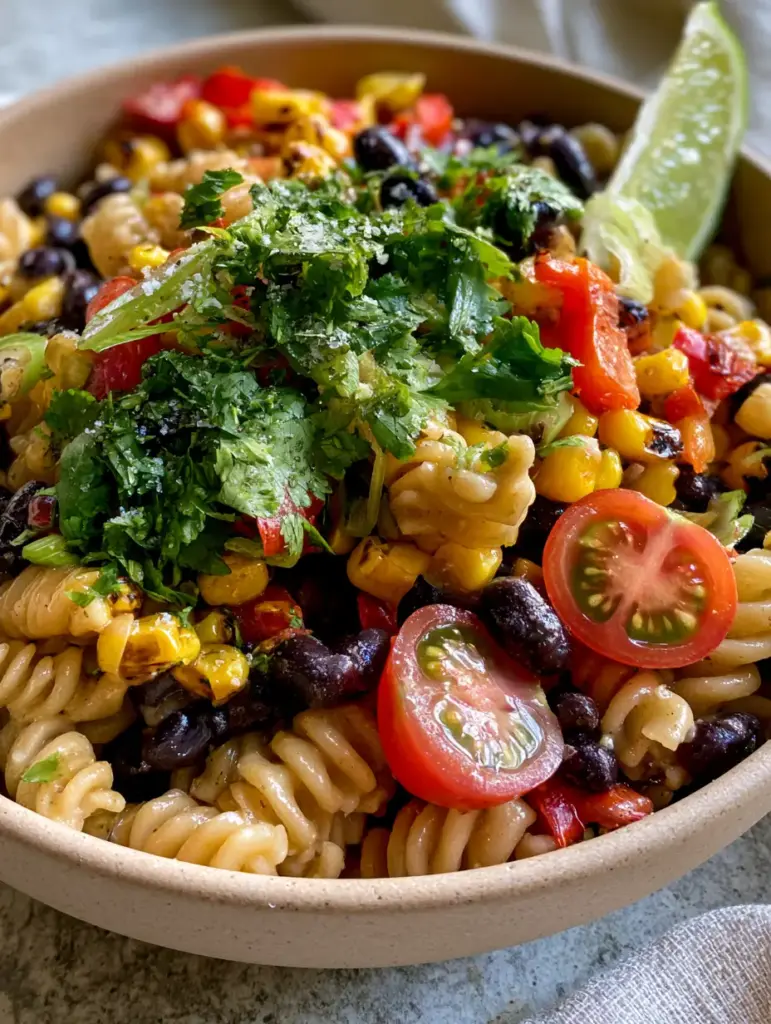 Black Bean Pasta Salad with Zesty Lime Vinaigrette and Charred Corn 2 A smartphone photo of zesty black bean pasta salad in a matte sand-colored bowl with visible charred corn. (black bean pasta salad)