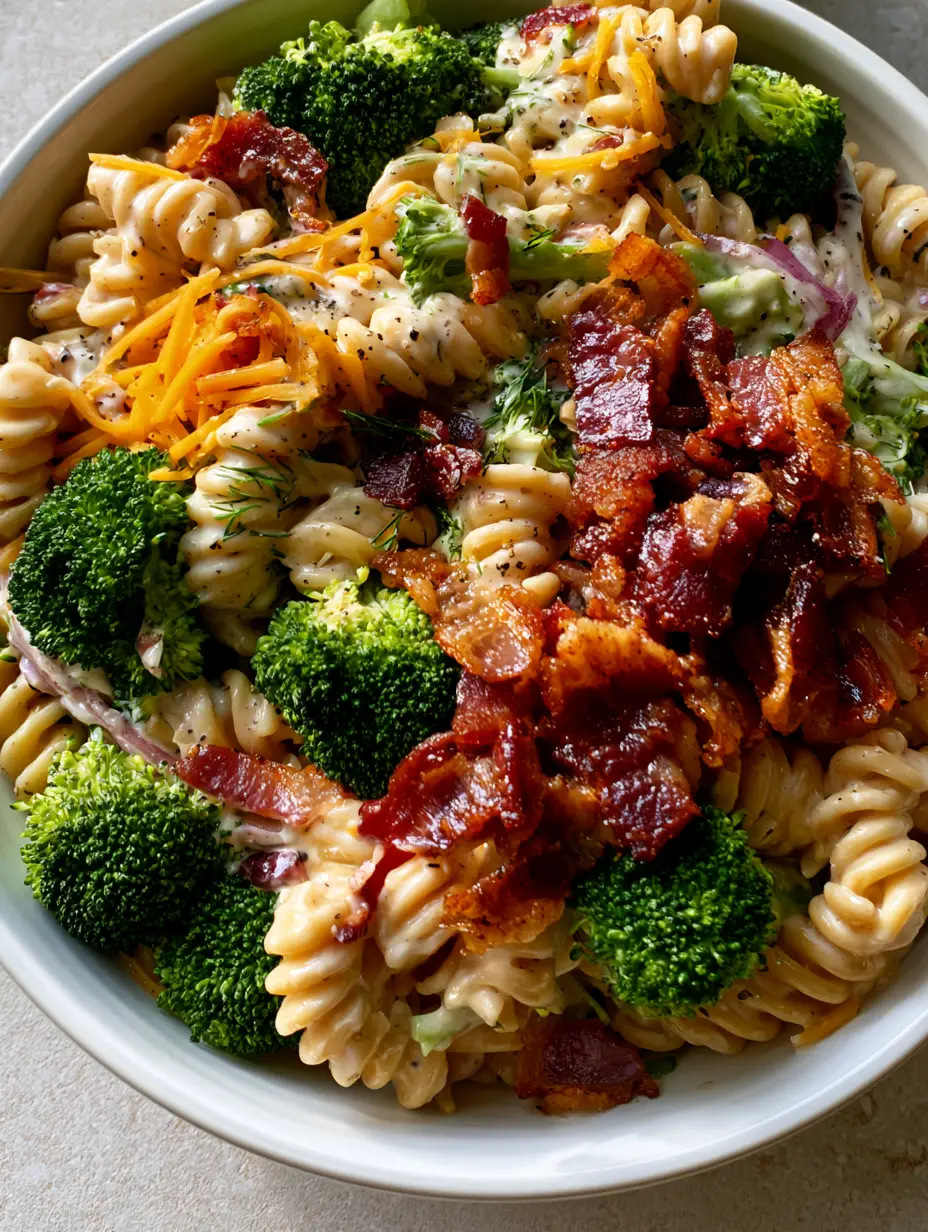 Bacon Broccoli Pasta Salad with Creamy Ranch and Crispy Thick-Cut Bacon 3 Macro shot of bacon broccoli pasta salad featuring glossy ranch dressing and green broccoli florets. (bacon broccoli pasta salad)