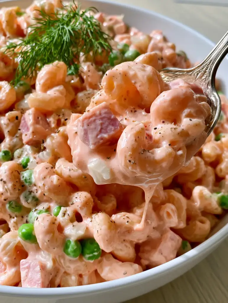 Pink Cadillac Pasta Salad: The Ultimate Retro Creamy Ham and Pea Delight 1 Overhead view of Pink Cadillac Pasta Salad in a white bowl with fresh dill sprigs and cracked black pepper garnish.