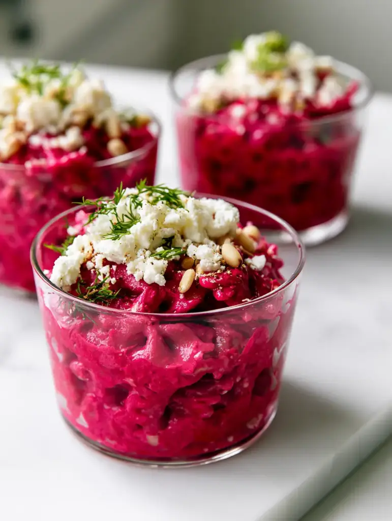 Top down view of Pink Pasta Salad Cups showing the texture of feta cheese and green dill sprigs.
