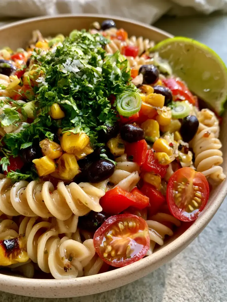 Black Bean Pasta Salad with Zesty Lime Vinaigrette and Charred Corn 1 Close-up detail of charred corn and glossy black beans in a pasta salad. (black bean pasta salad)