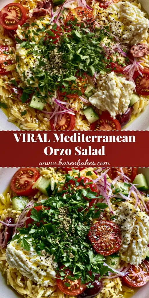 Summer orzo pasta salad with Lemon Herb Vinaigrette 4 A top-down Pinterest pin showing a colorful Summer orzo pasta salad in a white bowl with tomatoes, cucumbers, and feta.