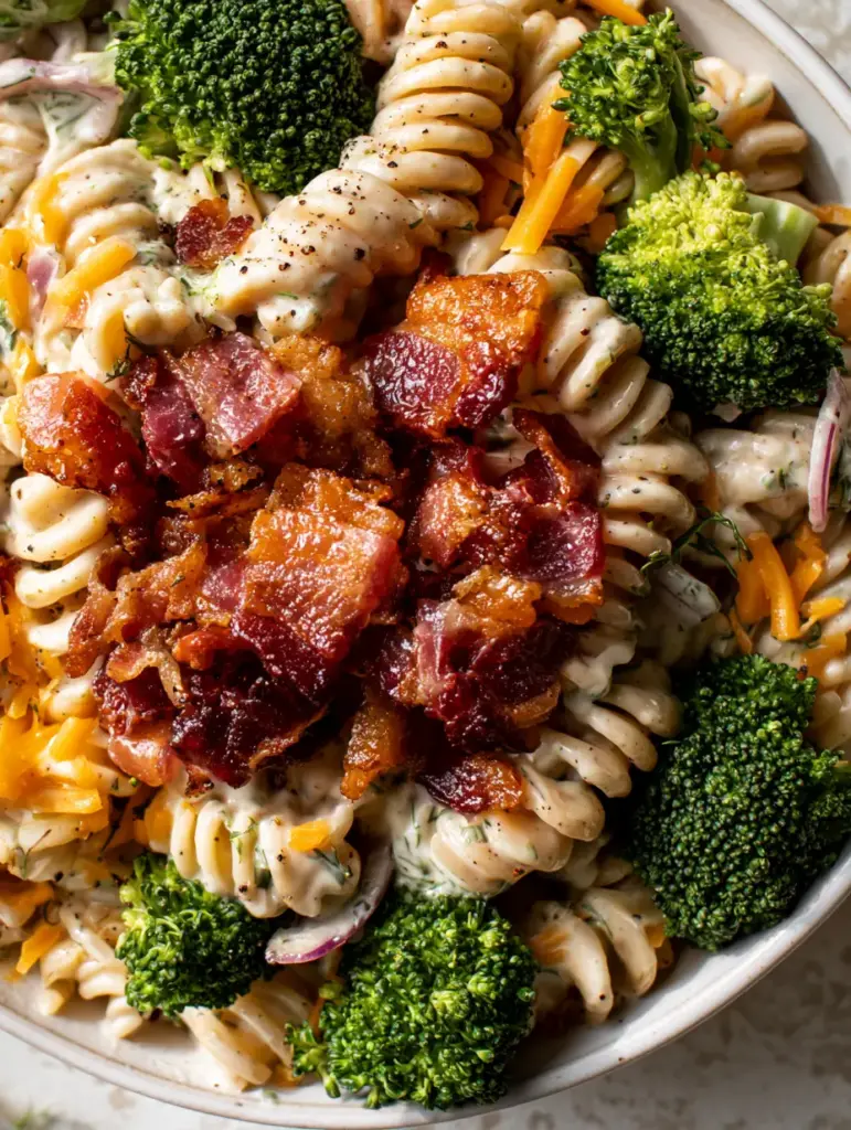Bacon Broccoli Pasta Salad with Creamy Ranch and Crispy Thick-Cut Bacon 1 Top-down view of a rustic white bowl filled with bacon broccoli pasta salad on a stone countertop.