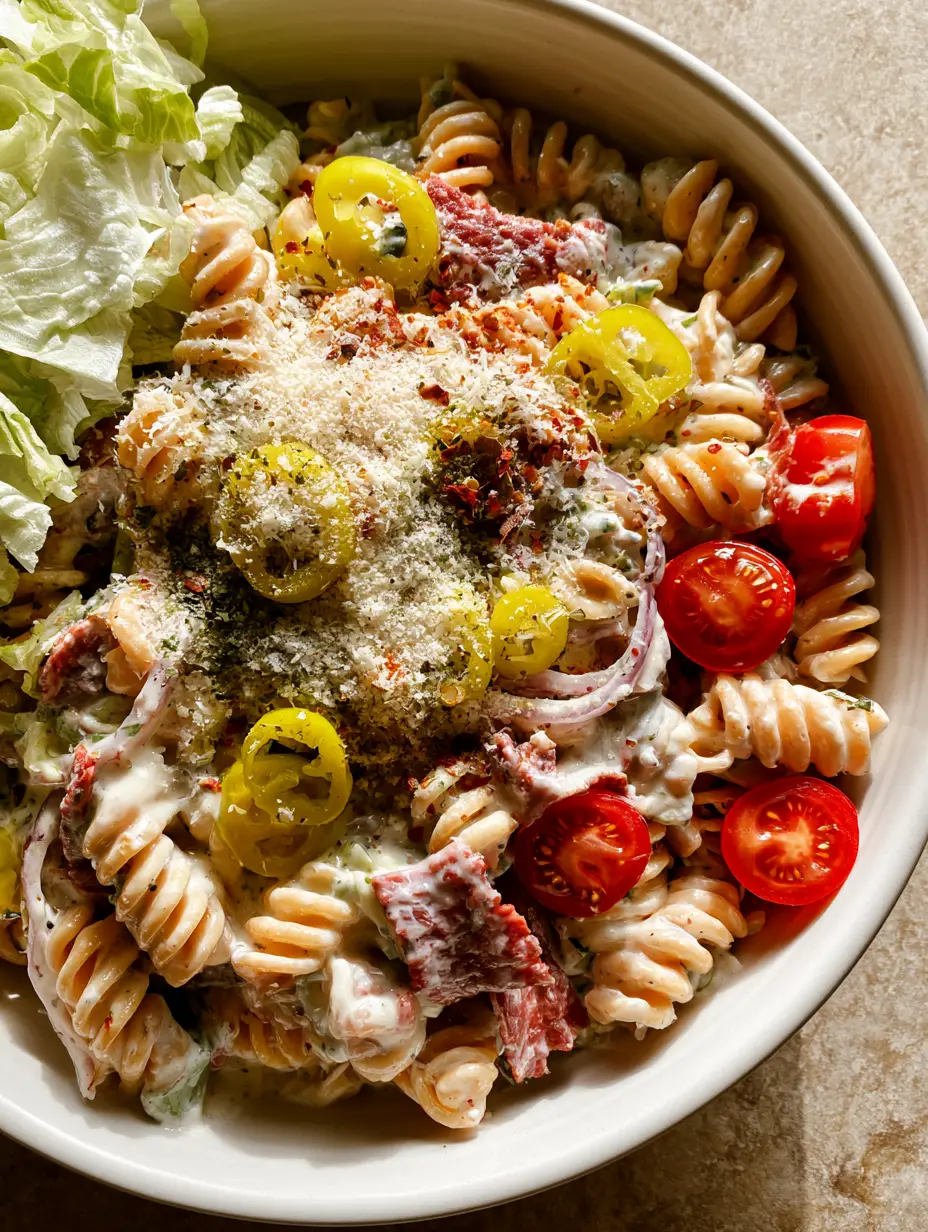 High Protein Grinder Pasta Salad with Creamy Cottage Cheese Dressing 3 Close up of glossy creamy white dressing on rotini pasta with neon yellow pepperoncinis. (high protein grinder pasta salad)