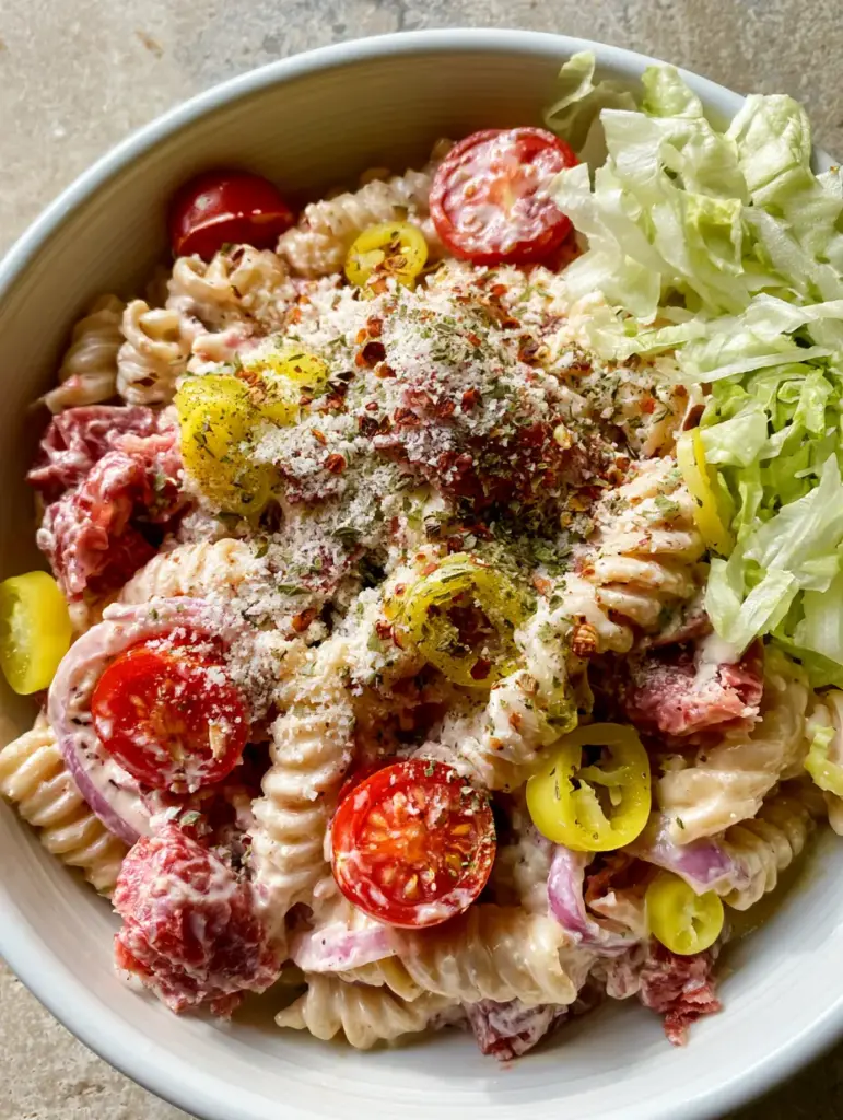 High Protein Grinder Pasta Salad with Creamy Cottage Cheese Dressing 1 A pile of crisp shredded iceberg lettuce next to a vibrant mix of salami and tomatoes in a high protein grinder pasta salad.