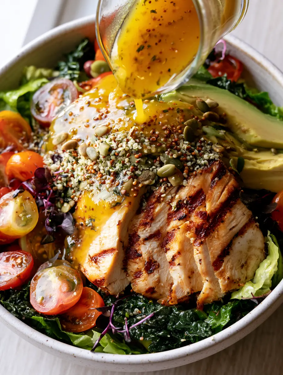 A vibrant Salad Recipe with emerald greens, buttery avocado wedges, and grilled chicken breast topped with purple microgreens.