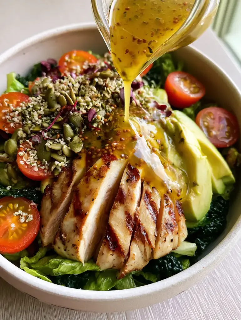 Close up of a thick golden mustard vinaigrette being poured over a Salad Recipe with chicken and hemp hearts.