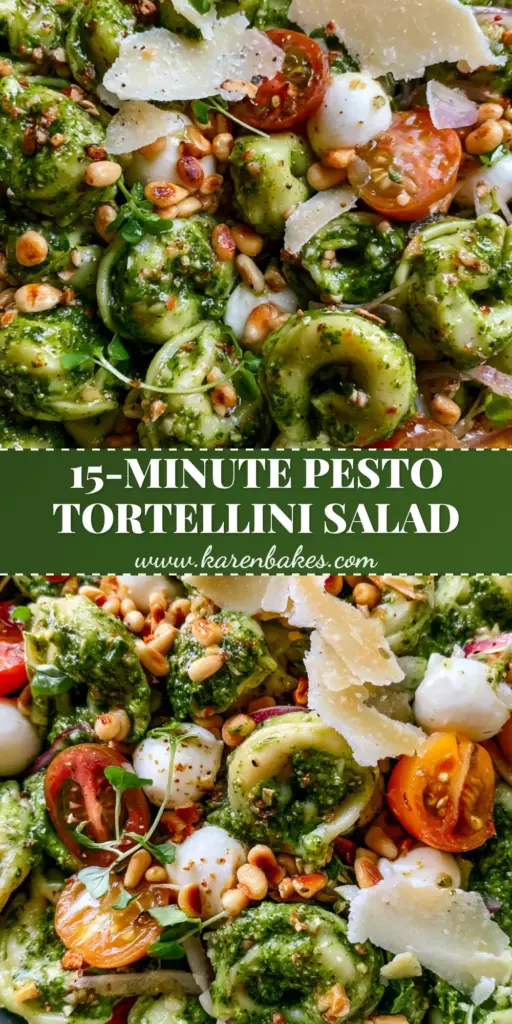 A top-down view of a pesto tortellini pasta salad in a white bowl, featuring emerald-green sauce, red heirloom tomatoes, and white mozzarella pearls.