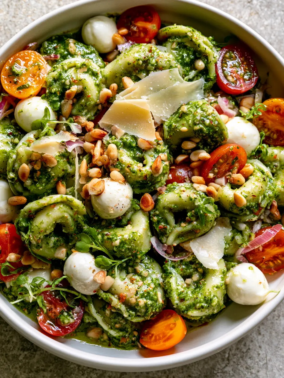 Extreme close-up of pesto tortellini pasta salad showing thick emerald green sauce, visible pine nuts, and garlic flecks.