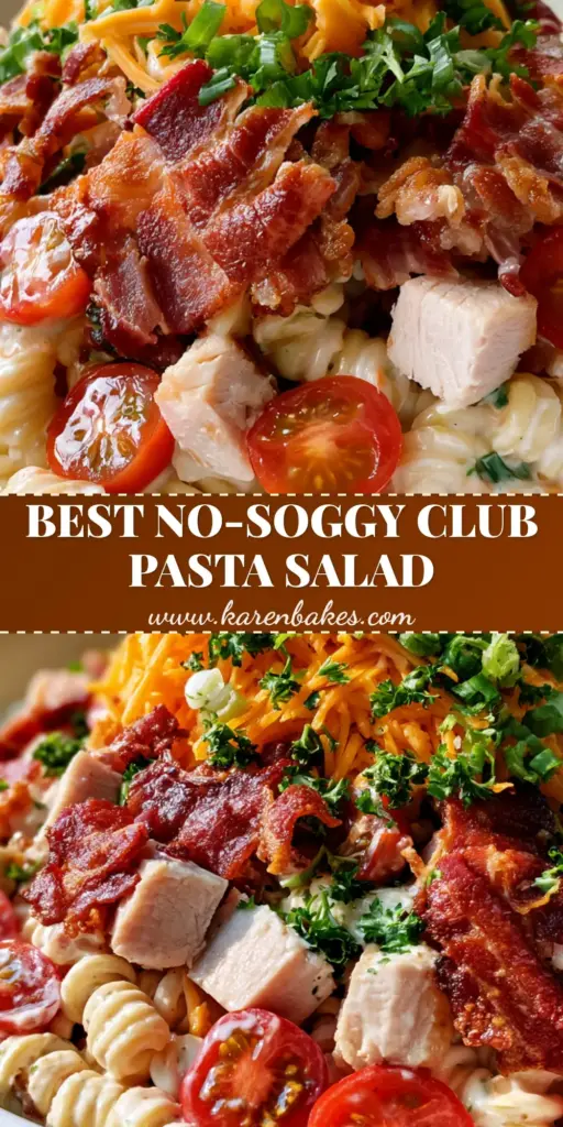 A shallow white bowl filled with Club Sandwich Pasta Salad featuring rotini, crispy bacon, turkey cubes, and a mountain of shredded cheddar on a marble surface.