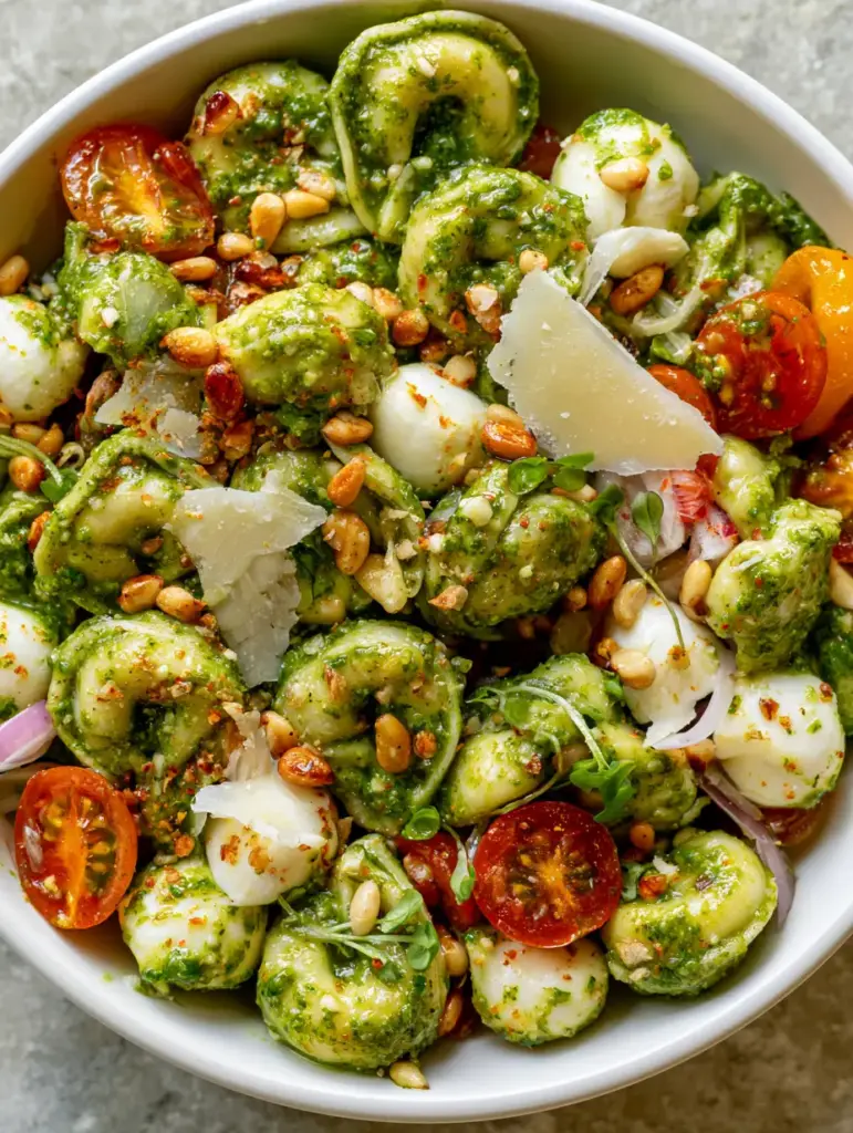 Overhead shot of pesto tortellini pasta salad highlighting bright white mozzarella pearls and crimson heirloom tomatoes.
