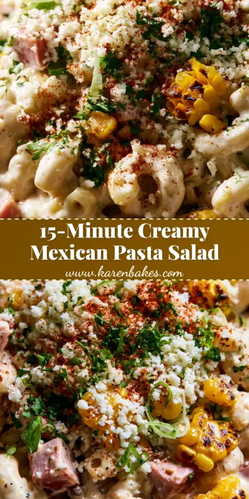 A rustic bowl of Mexican Ham Pasta Salad topped with cotija cheese, cilantro, and ancho chili powder. (Mexican Ham Pasta Salad)