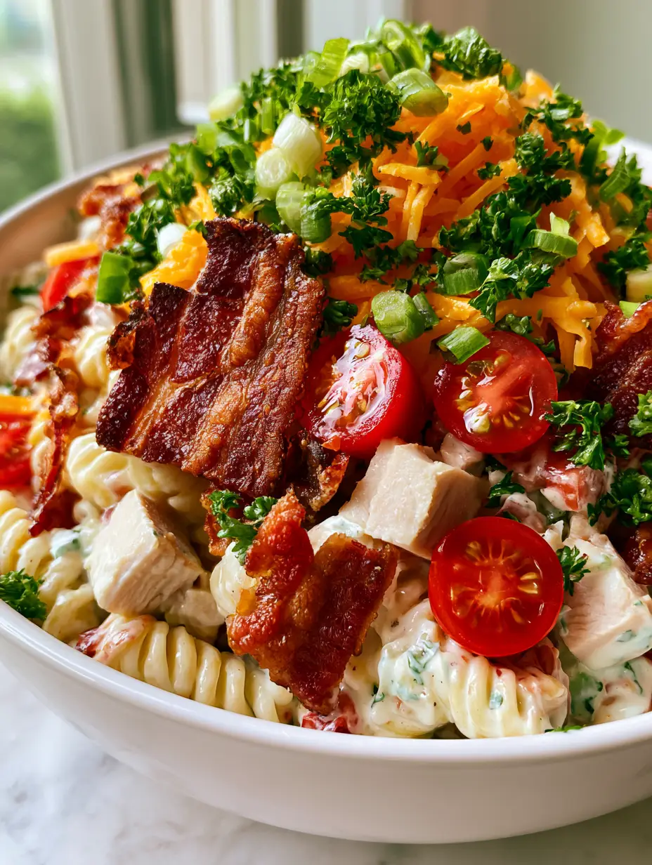 Macro photo of glossy rotini pasta coated in ranch with jagged extra-crispy bacon and bright cherry tomatoes. (club sandwich pasta salad)