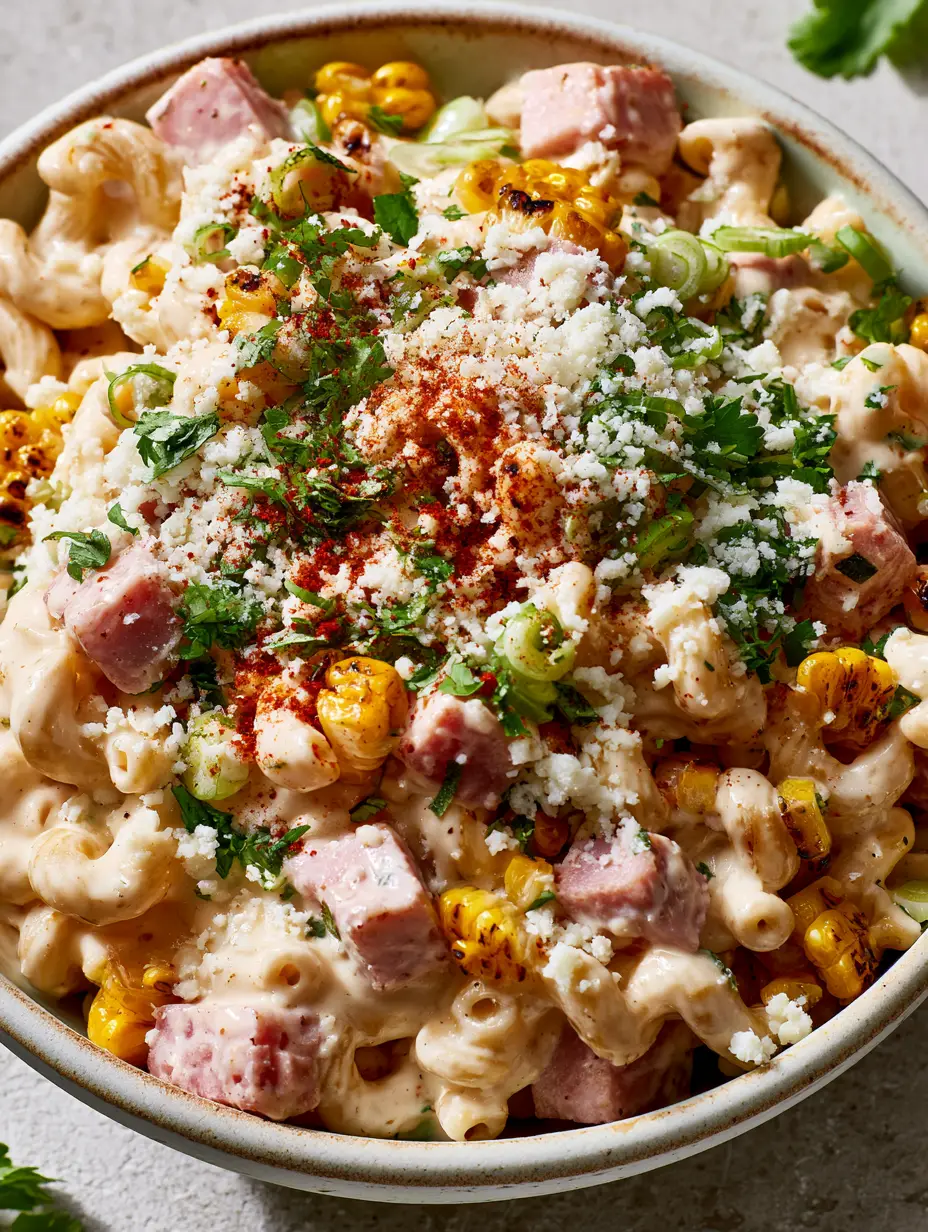 Macro photography of Ensalada de Coditos with 1cm cubes of smoked ham and charred corn in a thick crema dressing. (Mexican Ham Pasta Salad)