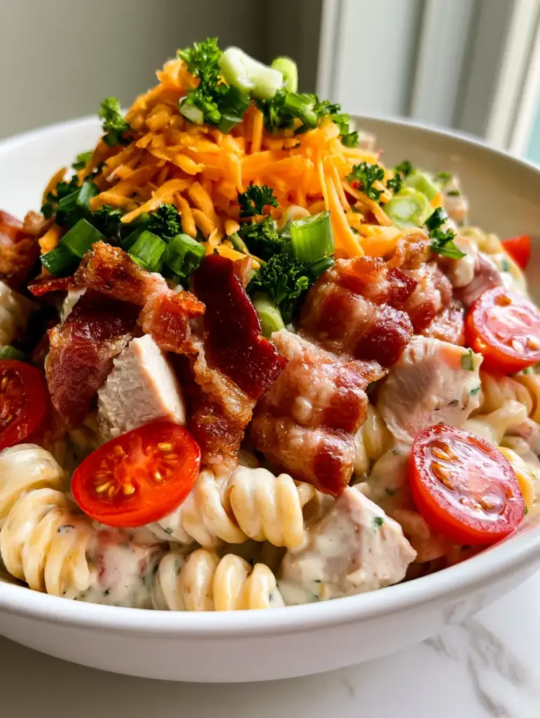 Top view of vibrant Club Sandwich Pasta Salad with a mountain of orange shredded cheddar and fresh green scallions.