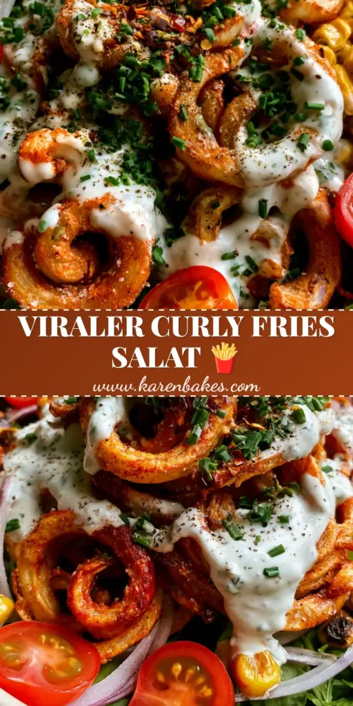 A close-up handheld shot of a Curly Fries Salat in a matte ceramic bowl, featuring deep golden curly fries, charred corn, and creamy white dressing drizzle. (Curly Fries Salat)
