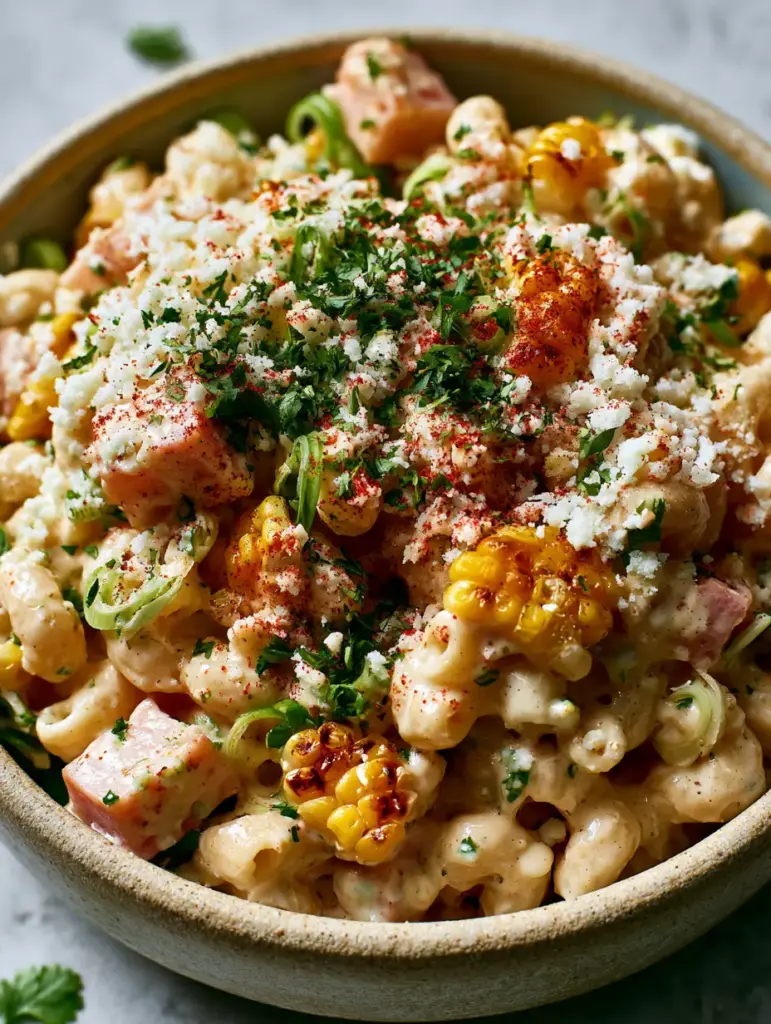 Close up of glossy crema dressing on elbow macaroni with a dusting of red ancho chili powder. (Mexican Ham Pasta Salad)