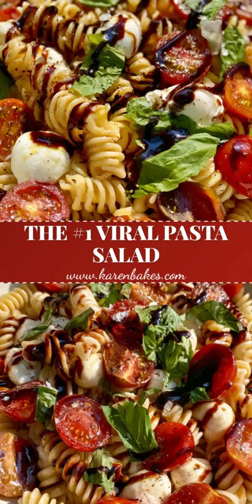 Caprese Pasta Salad Recipe: The Ultimate Mediterranean Summer Bowl 4 A luxurious Caprese Pasta Salad Recipe in a white ceramic bowl with shimmering olive oil and mahogany balsamic glaze. (Caprese Pasta Salad Recipe)