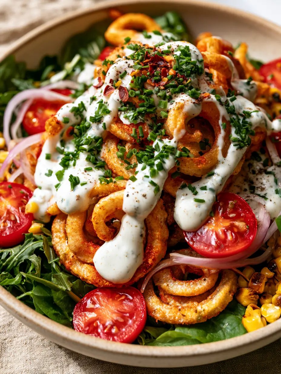 Detailed view of perfectly air-fried curly fries with paprika dusting sitting on a bed of fresh baby spinach and arugula. (Curly Fries Salat)