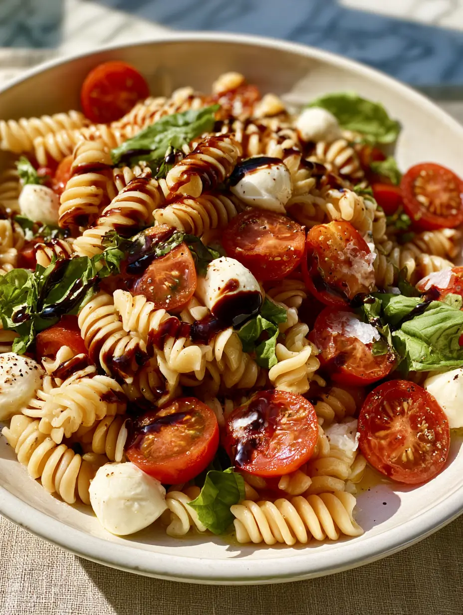 Caprese Pasta Salad Recipe: The Ultimate Mediterranean Summer Bowl 3 High angle shot of shimmering fusilli pasta and ruby heirloom tomatoes in an artisanal bowl. (Caprese Pasta Salad Recipe)