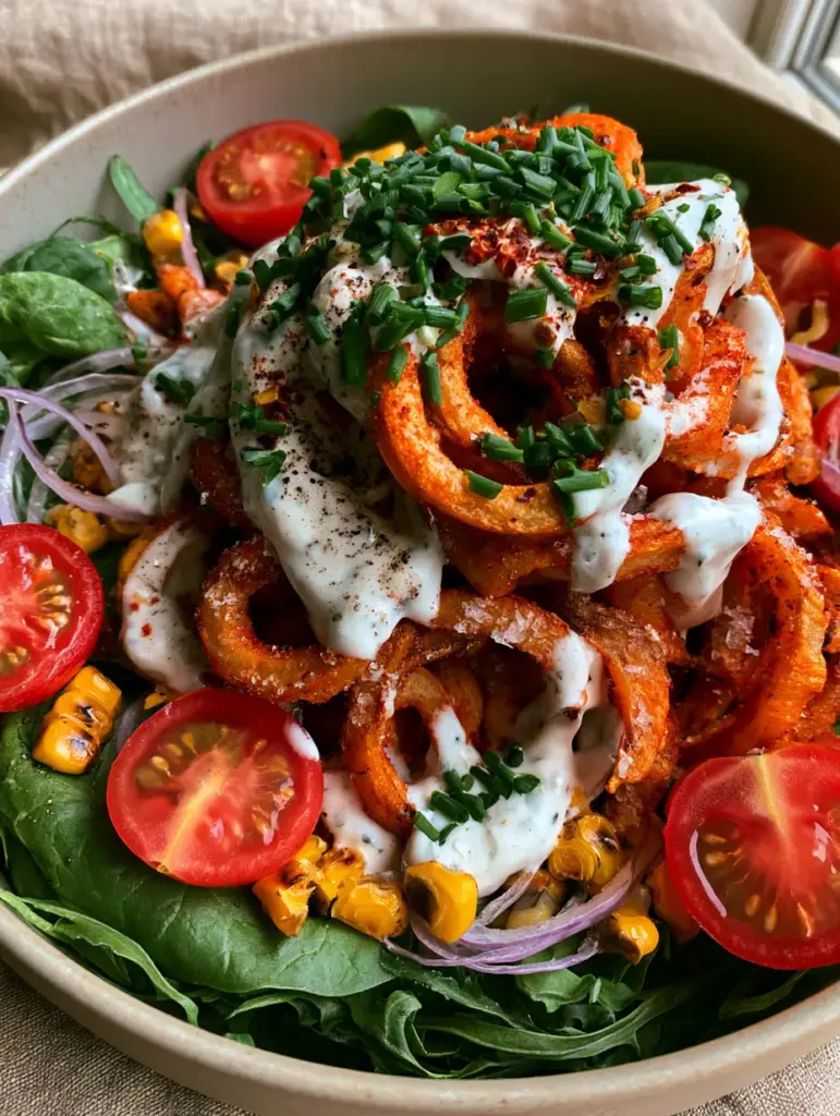 A top-down view of the Curly Fries Salat showing the heavy texture of the garlic-herb dressing and the vibrant red onion slices.