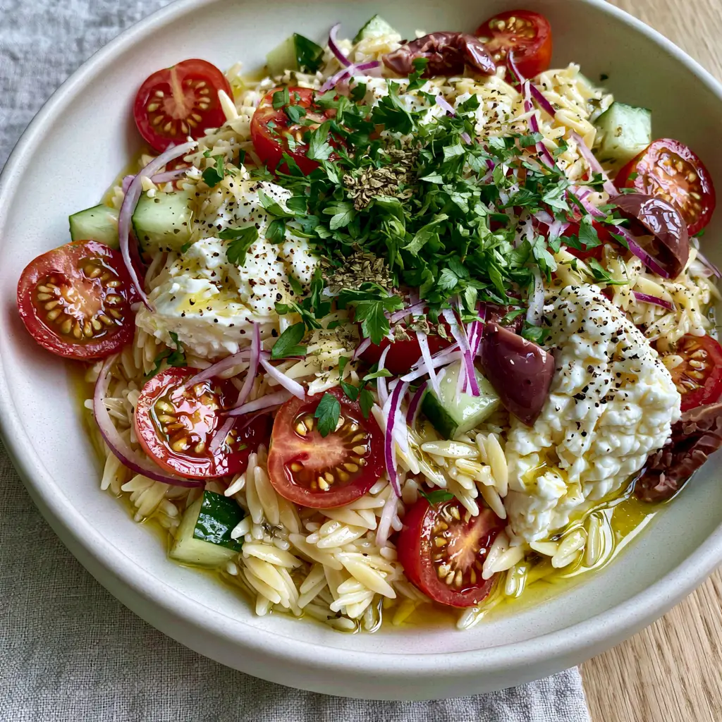 Summer orzo pasta salad with Lemon Herb Vinaigrette 2 A macro top-down hero shot of Summer orzo pasta salad with glistening pearls, juicy cherry tomatoes, and creamy feta chunks.