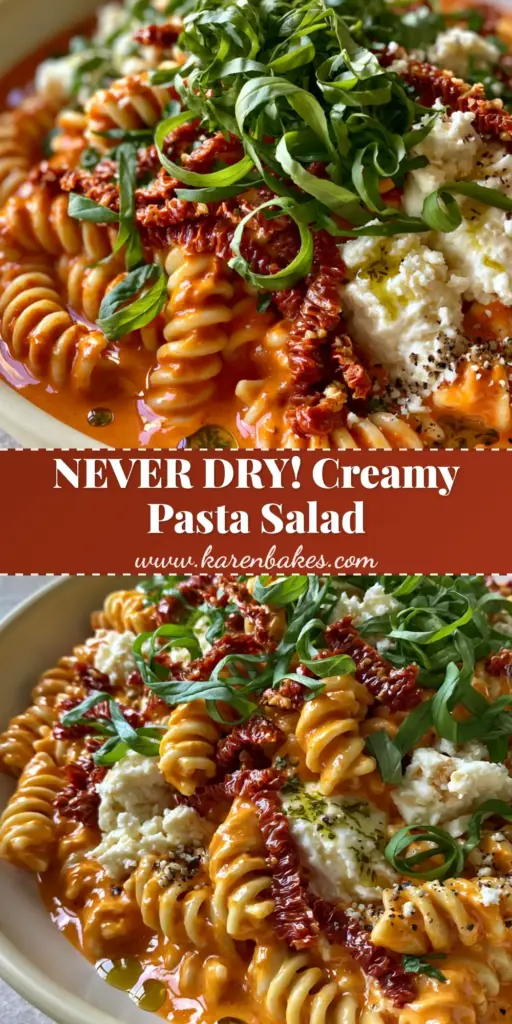 A shallow bowl of sun-dried tomato pasta salad with creamy orange-red sauce, feta, and basil. (sun-dried tomato pasta salad)