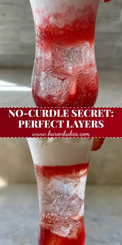 A tall fluted glass of Homemade Fruit Irish Cream Soda with visible layers of ruby syrup, sparkling water, and heavy cream on a linen napkin. (Homemade Fruit Irish Cream Soda)