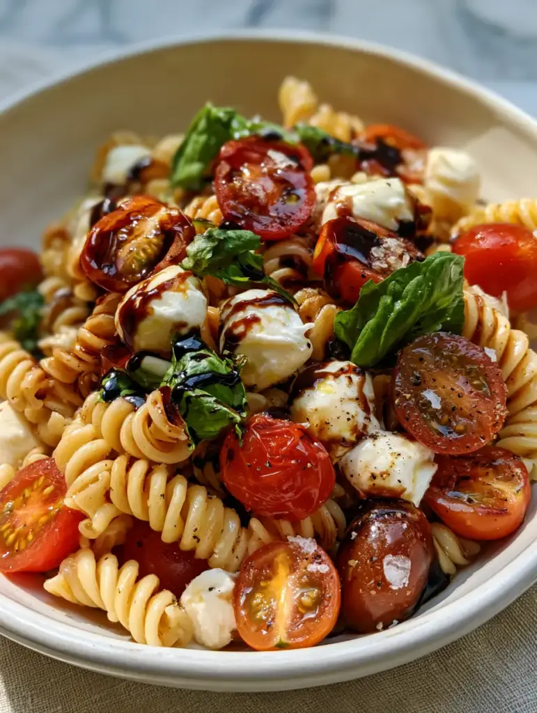 Caprese Pasta Salad Recipe: The Ultimate Mediterranean Summer Bowl 1 Close up of mahogany balsamic glaze ribbons and Maldon sea salt flakes on a Caprese salad.