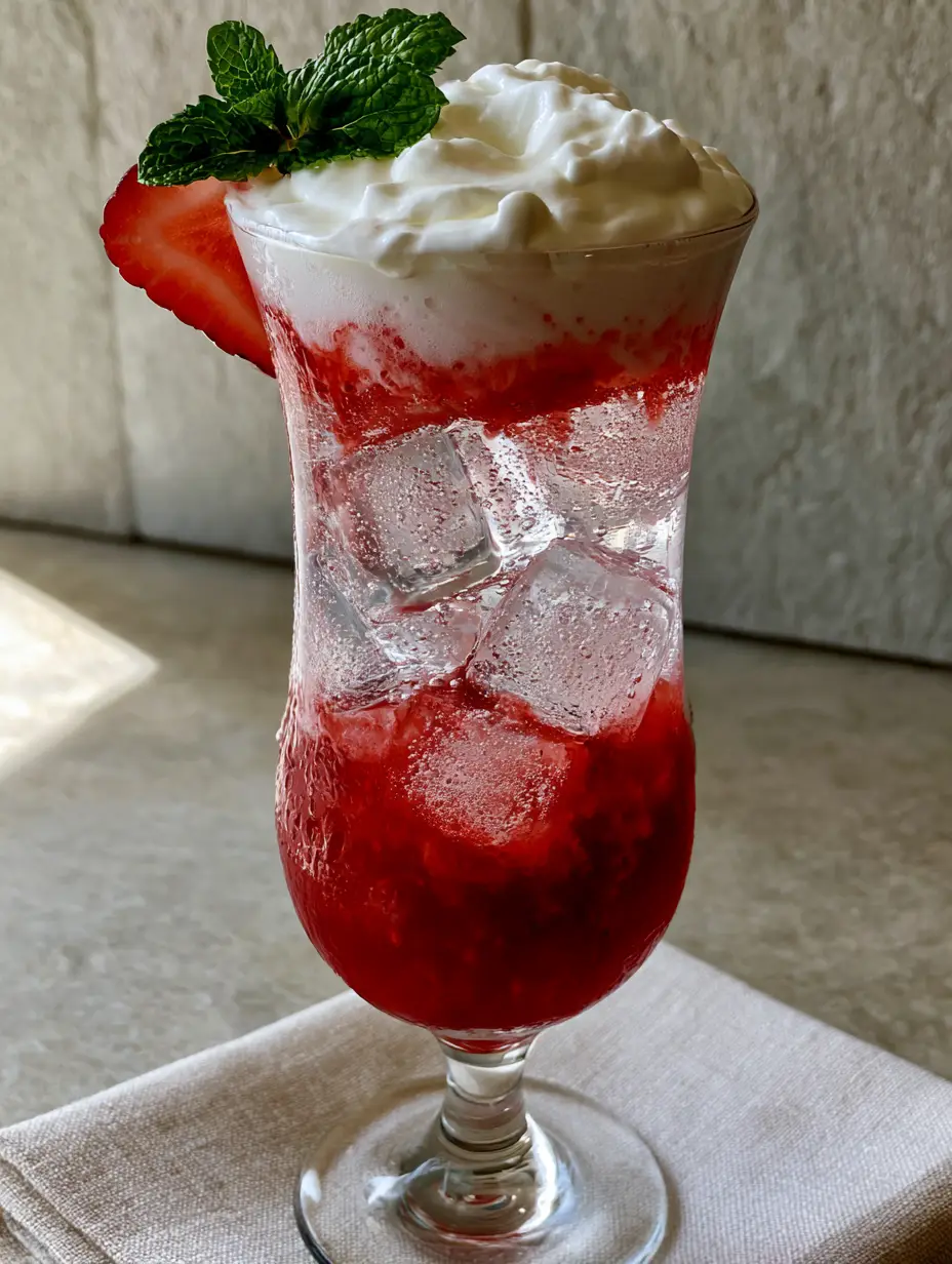 Wide shot of a tall elegant glass showing a thick velvety crown of cream floating on top of sparkling soda and strawberry syrup. (Homemade Fruit Irish Cream Soda)