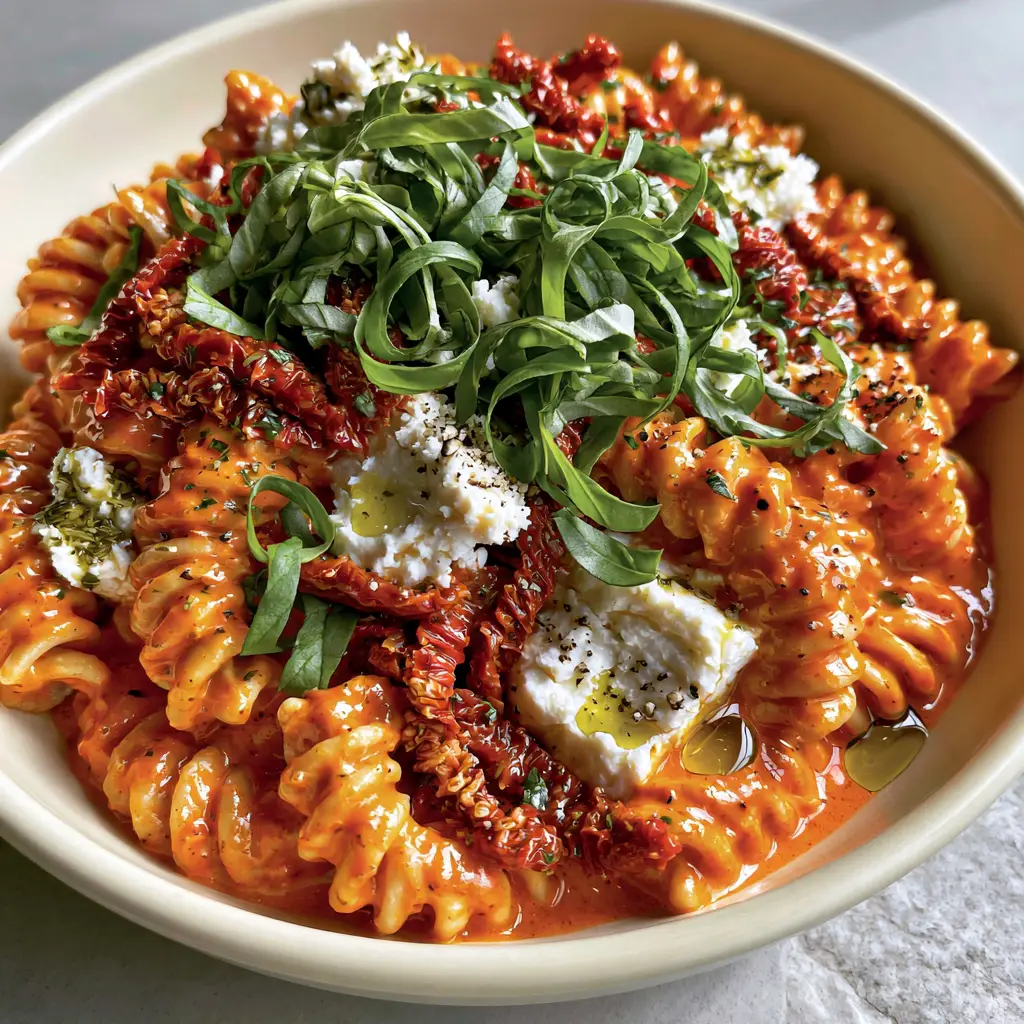 Overhead view of sun-dried tomato pasta salad in a cream bowl with visible feta chunks and herb oil droplets.