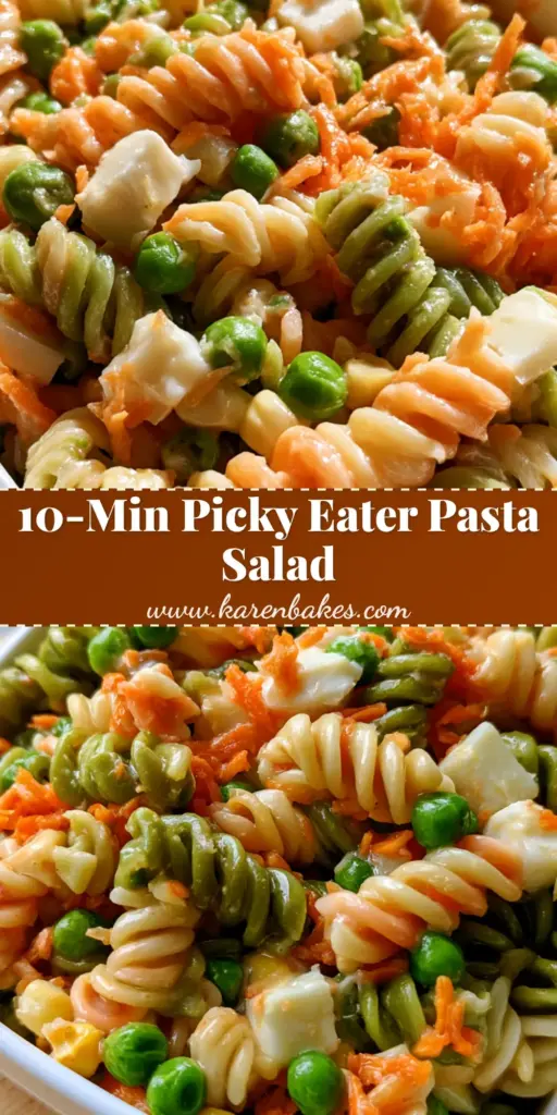 A vibrant kids pasta salad featuring tri-color rotini, peas, and corn served in a white bento box on a wooden table.