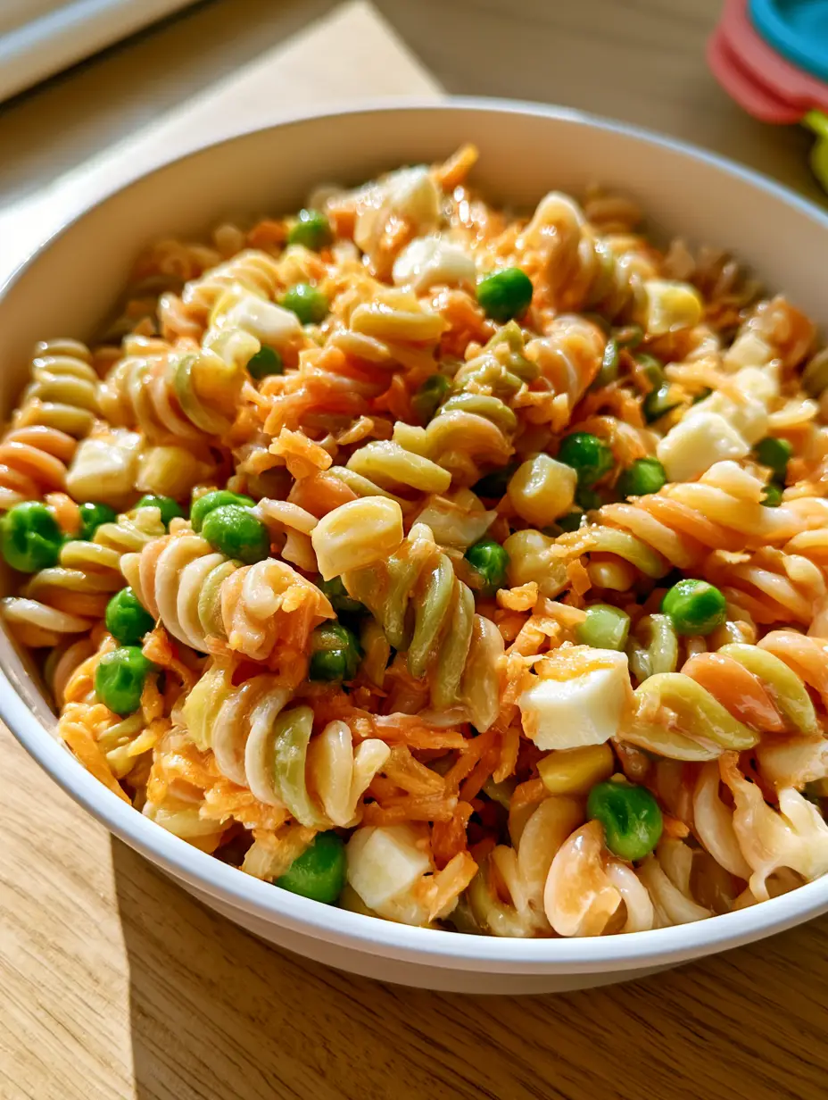 Close up of tri-color rotini kids pasta salad with glossy translucent dressing and bright green peas.