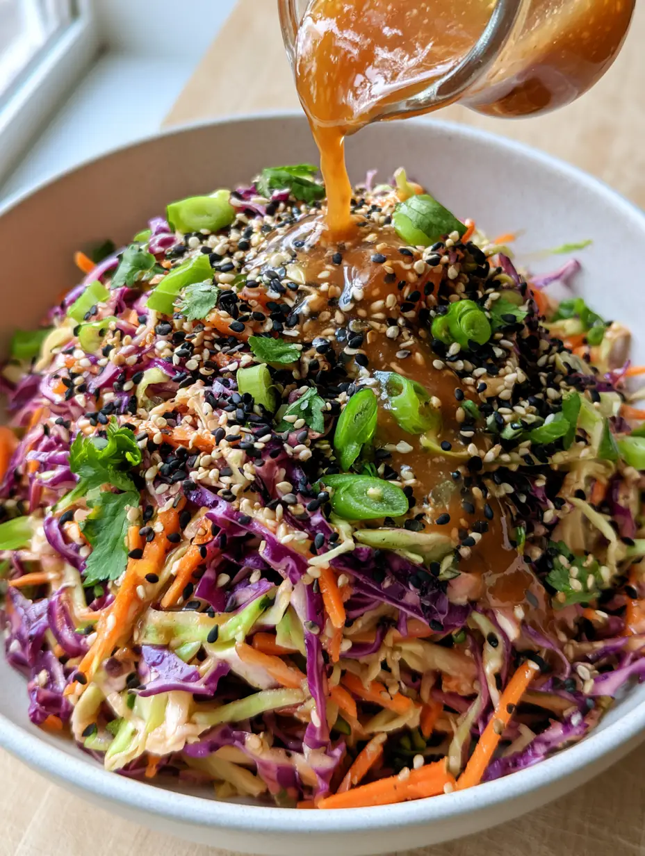 Asian Coleslaw Recipe with Glossy Ginger-Sesame Dressing 3 High-angle POV photo of a glossy ginger sesame dressing being poured over a mountain of shredded cabbage. (Asian coleslaw recipe)