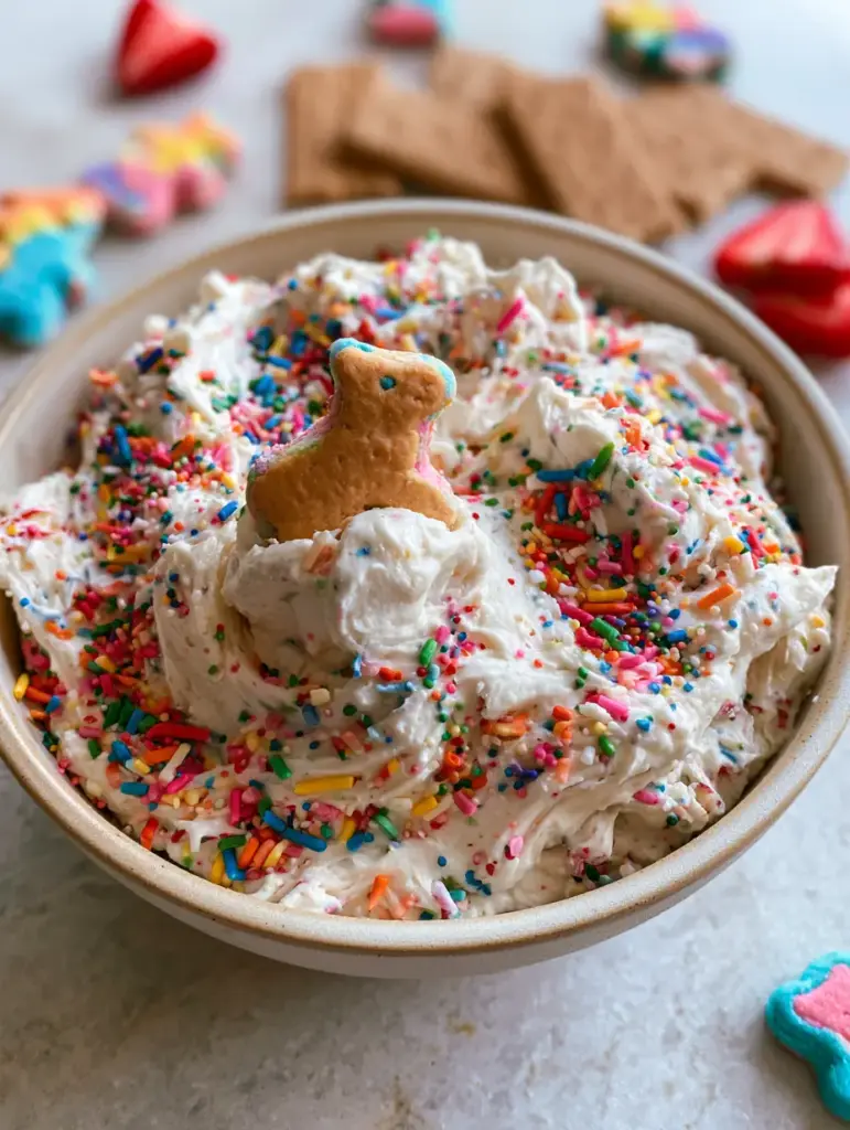 Funfetti Dip: The Ultimate Creamy Cake Batter Party Appetizer 2 Top-down view of Funfetti dip in a white bowl with a dense saturation of rainbow sprinkles and a frosted animal cracker being dipped.